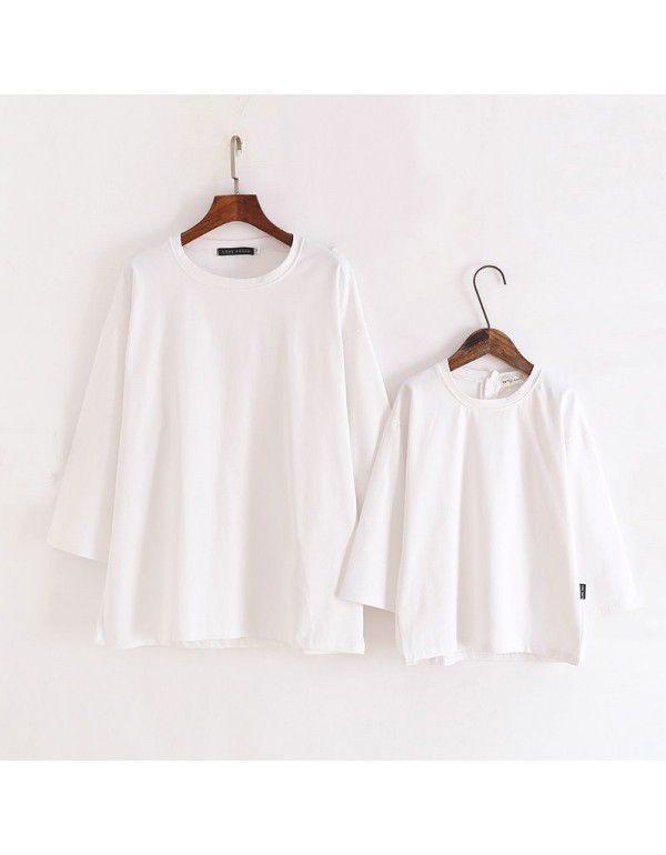 Children's clothing Parent-child clothing Baby's medium sleeve T-shirt Simple mother-child clothing Top Medium length