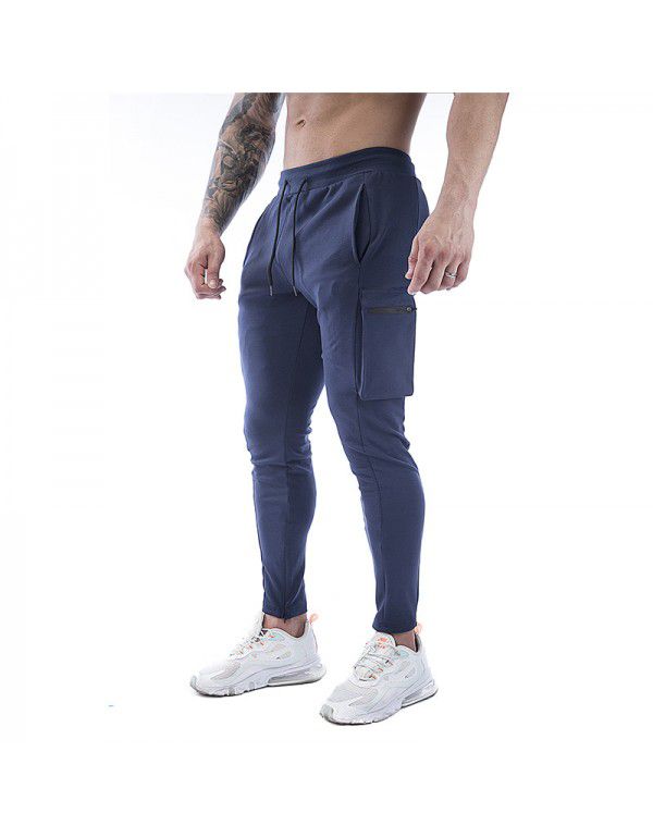 Men's sports pants stretch cotton casual small leg large zip pocket men's pants 