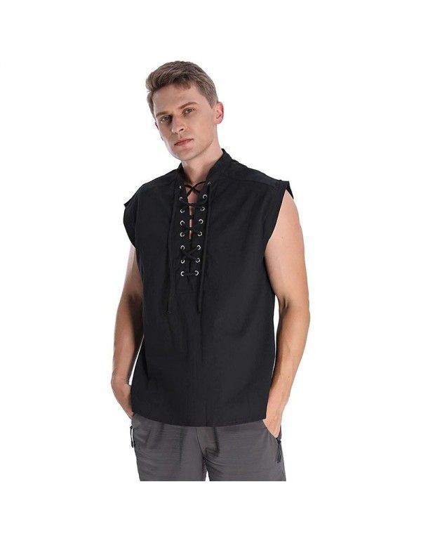 Men's loose fitting medieval Viking sleeveless shirt Gothic Victorian era top T-shirt