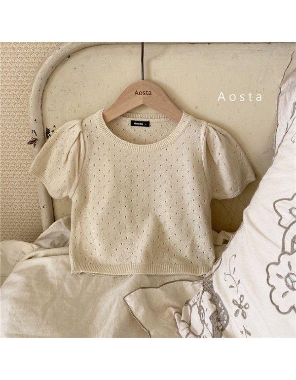 Children's summer new style children's bubble sleeve knitted T-shirt top girls round neck pullover