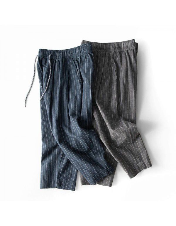 Elastic waist stripe large straight cotton and hemp casual pants Men's drawstring waist loose linen pants 