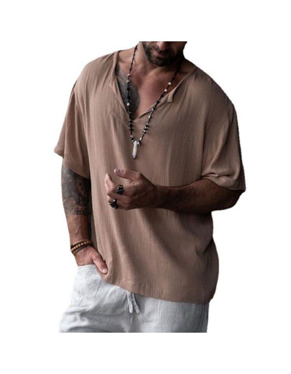 Summer Street Fashion Men's V-Neck Shirt Casual Loose Solid Neck Medium Sleeve T-shirt in Europe and America