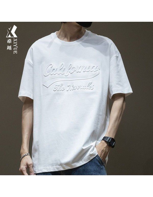 Black Short Sleeve T-shirt Men's Cotton Loose Large Men's Wear Men's Steel Print Boys' Top