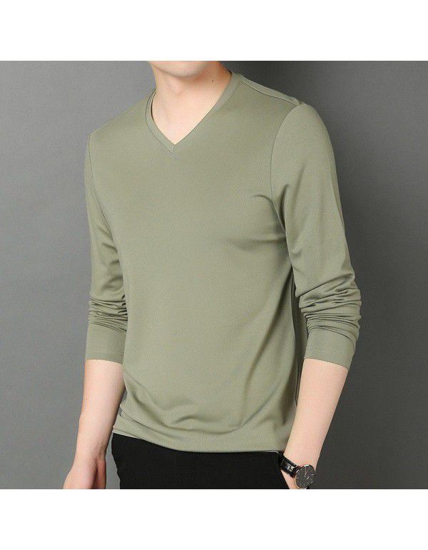 Autumn and Winter V-Neck Men's Long Sleeve Solid Color T-shirt with Silk Youth Fashion Pullover Modal Bottom Shirt