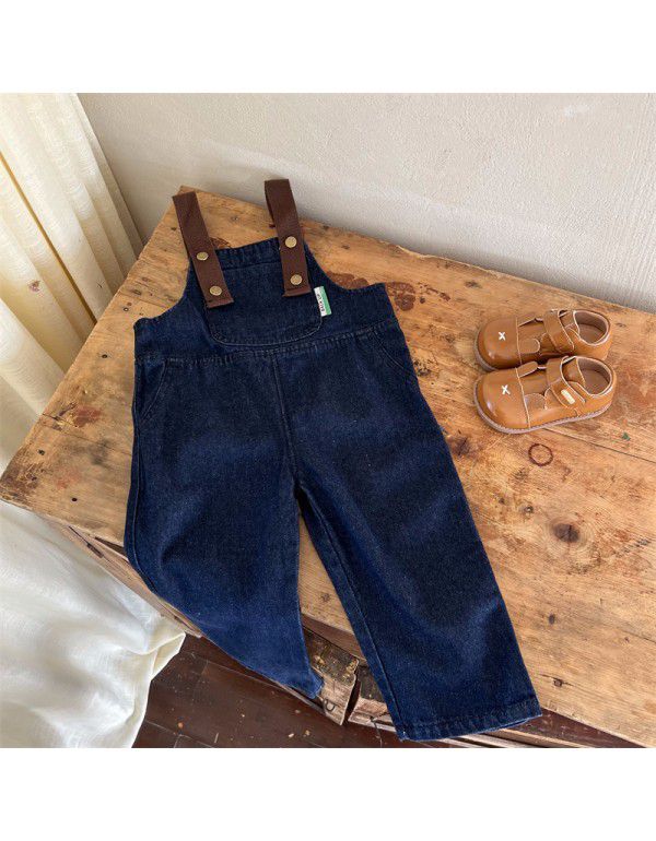 Children's Denim Strap Pants Set Spring New Korean Children's Wear Girls' Striped T-shirt Two Piece Set Westernized