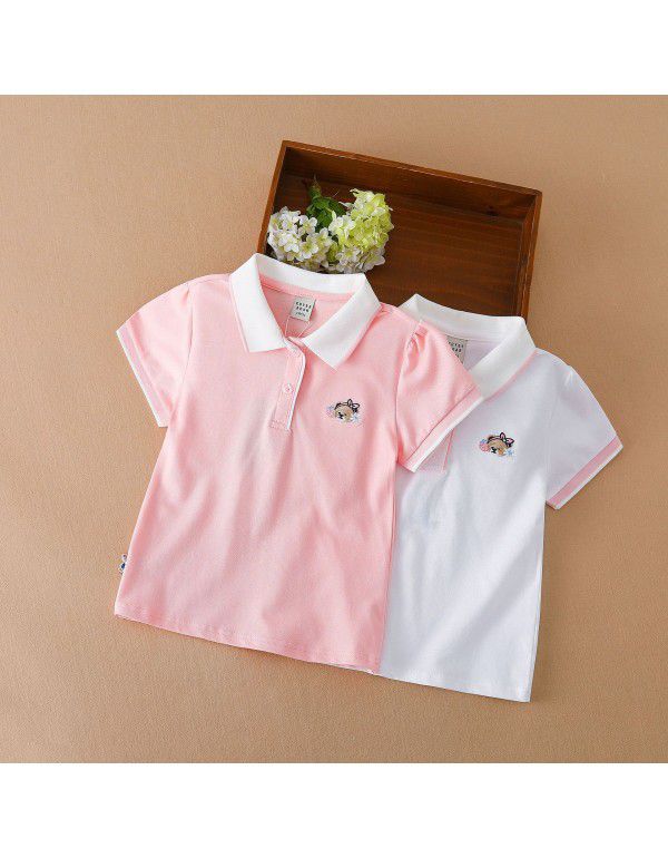 Girls' Short Sleeve T-shirt Polo Shirt Summer New Children's Top Pure Cotton Large Children's Wear Solid Color Underlay Shirt Thin