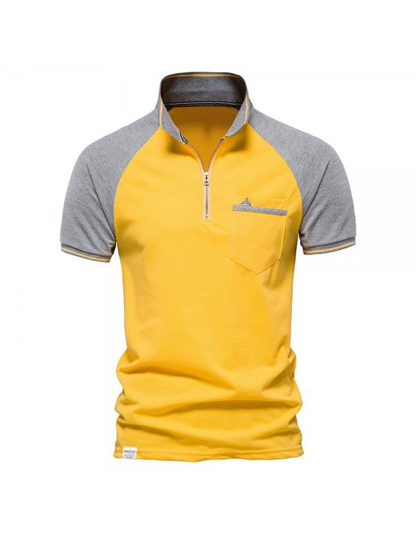 Men's Contrast Polo Shirt Youth Raglan Sports Casual Zip Polo Collar