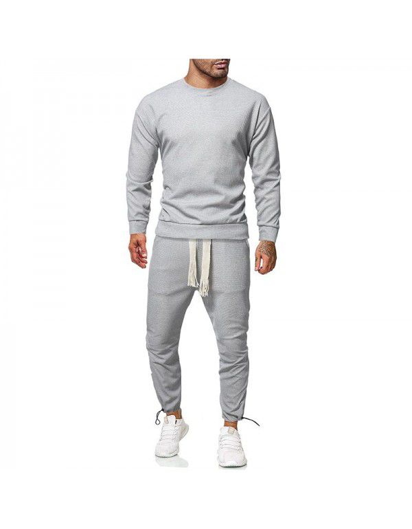 New men's solid color long-sleeved sports sweater suit men's casual round neck two-piece set 