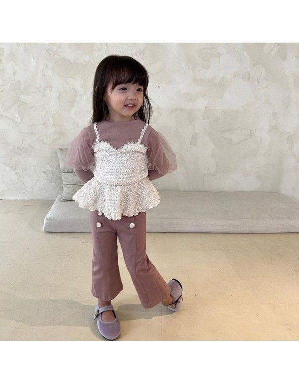 Autumn girls' foreign fashion fake two pieces of bubble sleeve princess long-sleeved top children's fashion sling T-shirt 