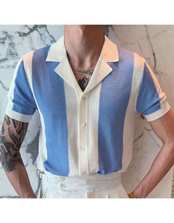 Japan and South Korea New Men's Summer Temperament Shirt Neck Knit Panel Contrast Color Business