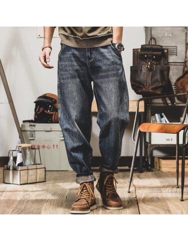 American heavy weight vintage jeans men's straight casual trousers Korean wear-resistant work clothes tapered Haren trousers worn out 