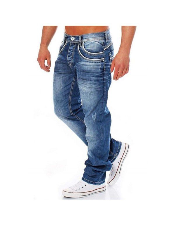 Men's Worn White Pocket Zipper Jeans Fashion Mid Waist Loose Straight Pants