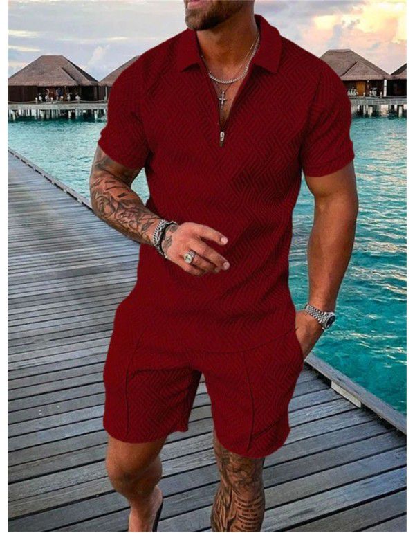 European and American men's new supply casual color contrast POLO zippered polo short sleeve suit