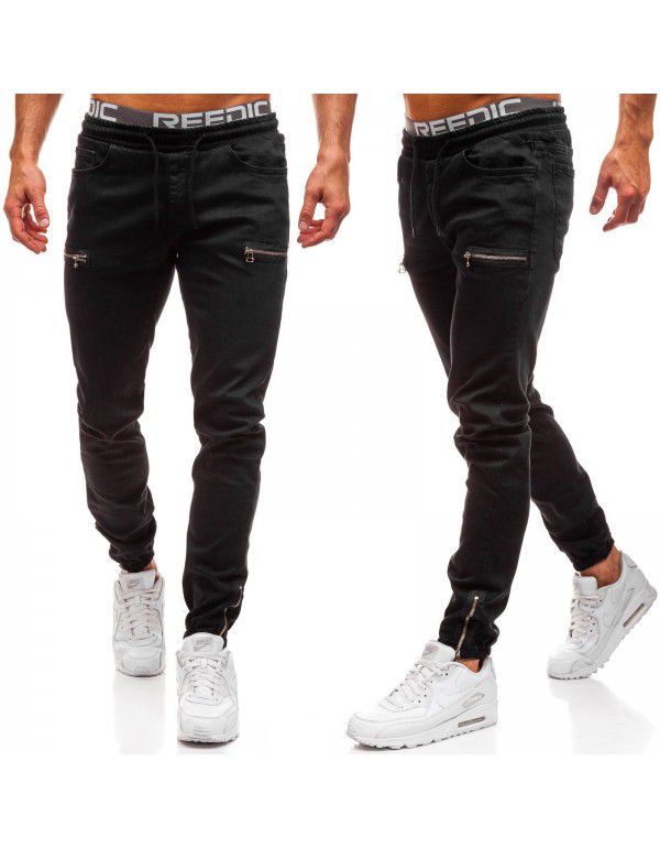 European and American men's denim fabric casual frosted zipper design sports jeans men