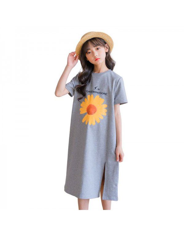 Summer New Medium to Large Kids Korean Version Loose Medium to Long T-shirt Girls Little Daisy Short Sleeve Top 