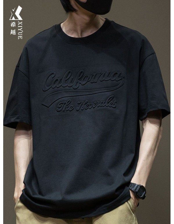 Black Short Sleeve T-shirt Men's Cotton Loose Large Men's Wear Men's Steel Print Boys' Top