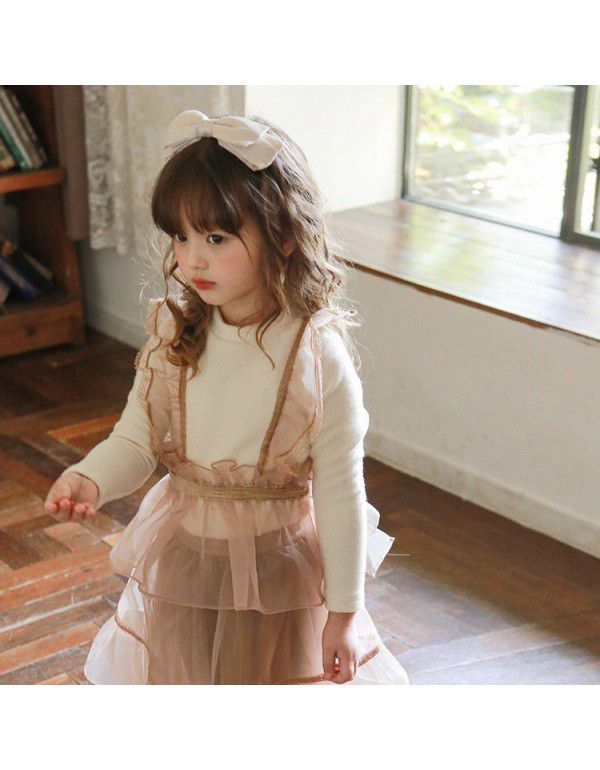 Autumn and winter style Strawberry Shan Korean children's dress girls' fake two pieces of lace foreign fairy gas plush T-shirt pre-sale 