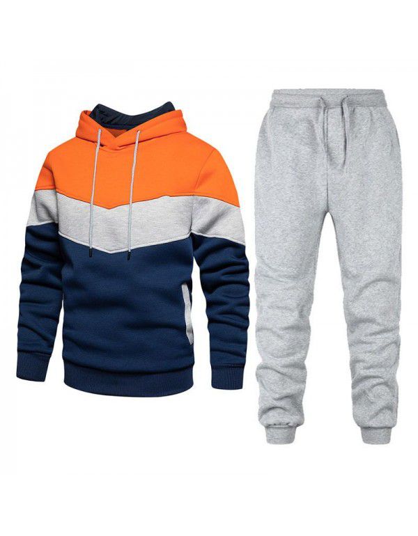 Men's sports suit fashion casual spring and autumn patchwork hooded sweater pants two-piece set 