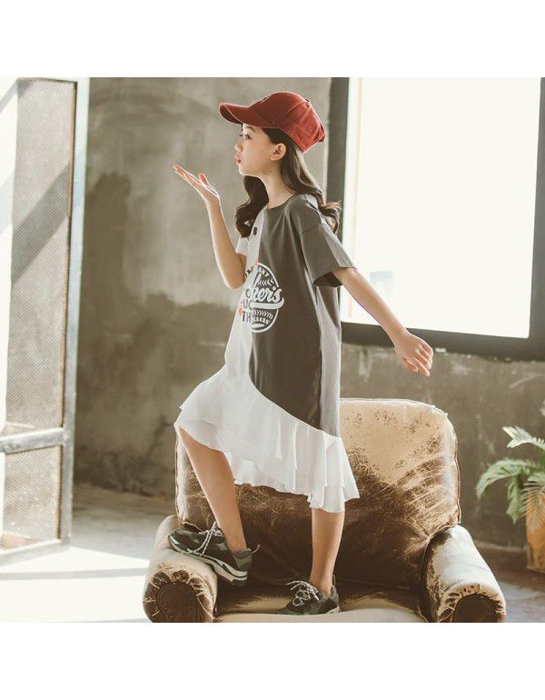 Summer Korean version of large and medium-sized children's clothing color letters t-shirt short sleeve dress children's skirt parent-child dress 