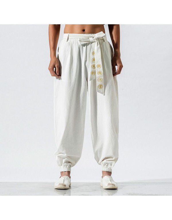 Spring and Summer New Men's Casual Cotton Linen Pants Men's Chinese Style Loose Embroidered Harun Pants Linen Pants