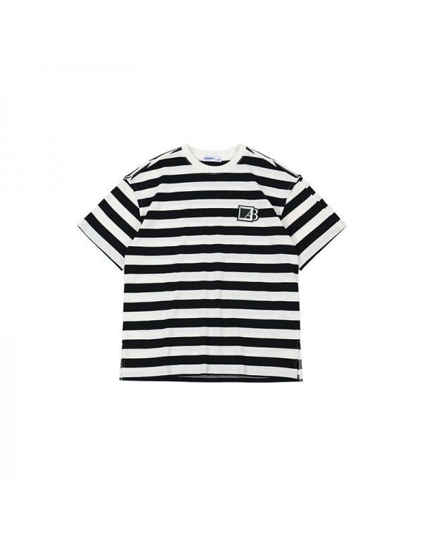 Summer Boys' Stripe Short Sleeve T-shirt Medium and Big Boys' Hip Hop Dance Loose Half Sleeve Bottom Shirt Trend