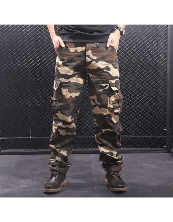 Wear-resistant, loose, straight, multi-pocket men's camouflage overalls long pants