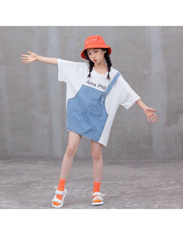 Children's New Girls' Loose T-shirt Summer Korean Version Chinese Big Children's Parent-child Dress Pure Cotton Splice Fake Two Piece Top