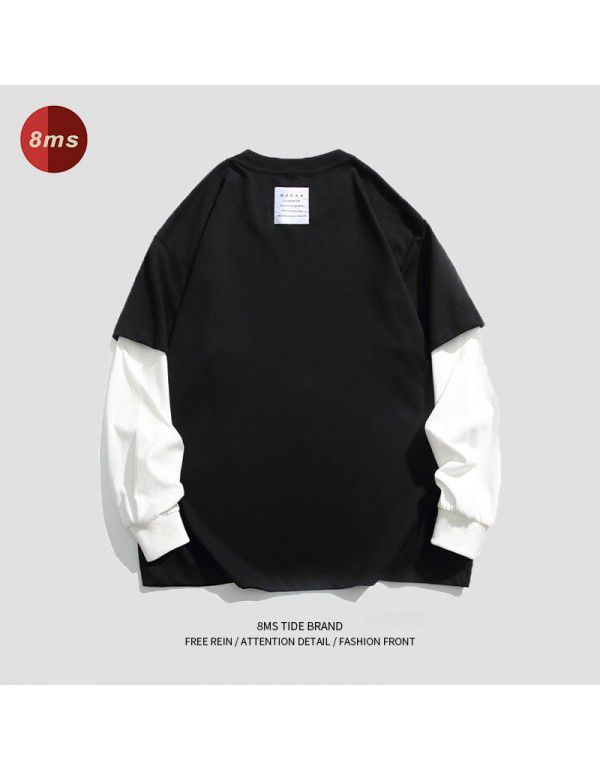 Spring New Cotton Fake Two Pieces Long Sleeve T-shirt Men's Fashion Couple Loose Sweater With Underlay Shirt Men