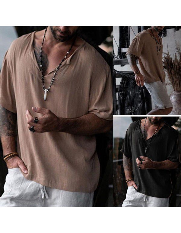 Summer Street Fashion Men's V-Neck Shirt Casual Loose Solid Neck Medium Sleeve T-shirt in Europe and America