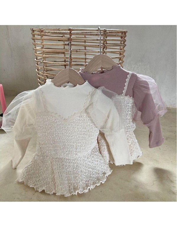 Autumn girls' foreign fashion fake two pieces of bubble sleeve princess long-sleeved top children's fashion sling T-shirt 