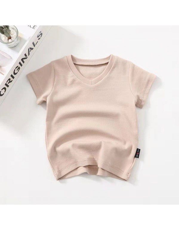 Summer New Children's Short Sleeve V-Neck T-shirt Men's and Women's Small and Middle School Children's Baby Cotton Top Solid Color Bottom Shirt 