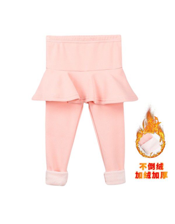 Fake two-piece leggings girls' skirt pants wear plush thickened children's thermal insulation trousers cotton in winter 