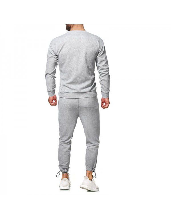 New men's solid color long-sleeved sports sweater suit men's casual round neck two-piece set 