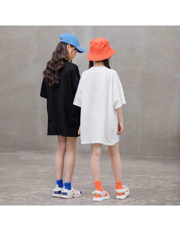 Children's New Girls' Loose T-shirt Summer Korean Version Chinese Big Children's Parent-child Dress Pure Cotton Splice Fake Two Piece Top