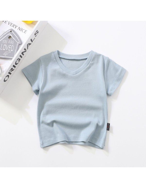 Summer New Children's Short Sleeve V-Neck T-shirt Men's and Women's Small and Middle School Children's Baby Cotton Top Solid Color Bottom Shirt 