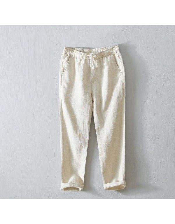 Spring and Summer Simple Solid Color Straight Pants Men's Lacing Casual Pants Linen Breathable Pants Men