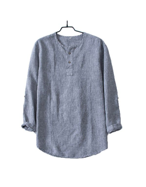 Linen men's T-shirt Loose casual 9/4 long sleeved cotton linen clothes Spring summer vintage shirt top