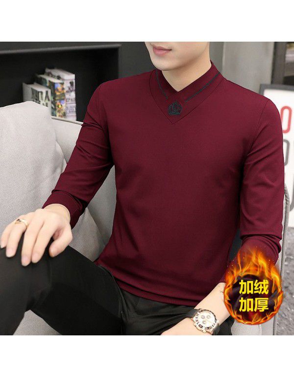 Modal men's long-sleeved t-shirt autumn and winter new slimming trend warm plush v-neck clothes bottoming shirt men 