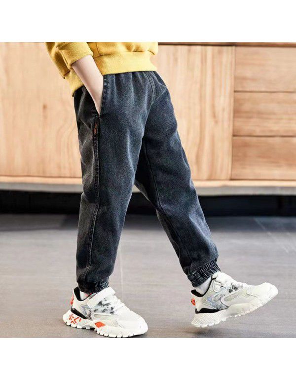 Boys' jeans autumn and winter plush children's leggings loose casual children's clothing