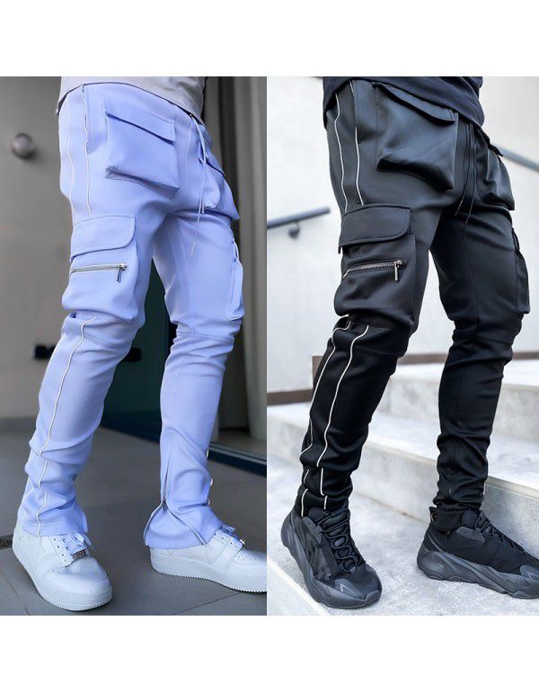 Spring and Autumn Work Wear Pants Men's Fashion Brand Elastic Multi Pocket Reflective Straight Sleeve Sports Fitness Casual Pants