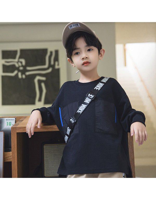 Boys' Long Sleeve T-shirt New Autumn Children's Top Medium and Large Children's Patch Round Neck Children's Pullover Bottom Shirt