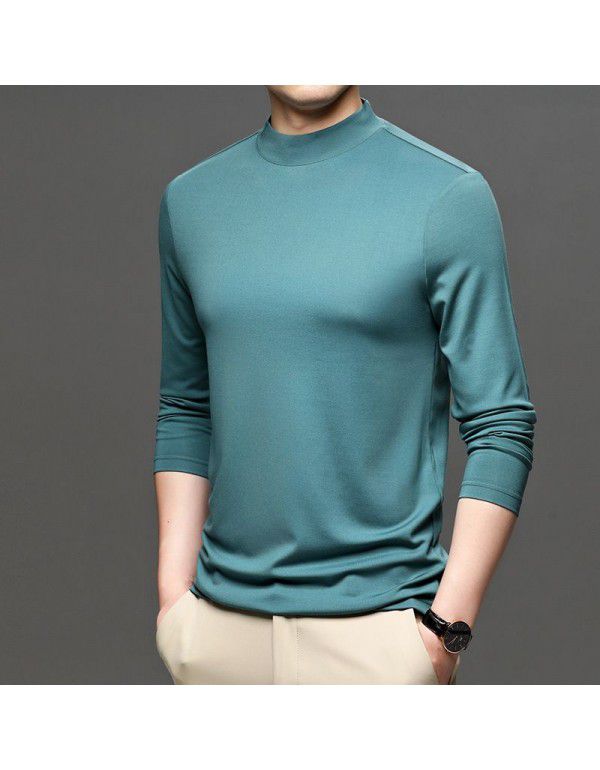 Autumn New Brand Men's Wear Solid Color Men's Pullover Fashion City Middle Neck Underlay T-shirt Silk Men's T Shirt