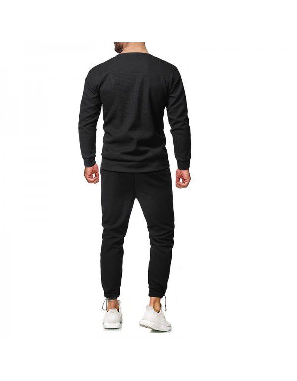 New men's solid color long-sleeved sports sweater suit men's casual round neck two-piece set 