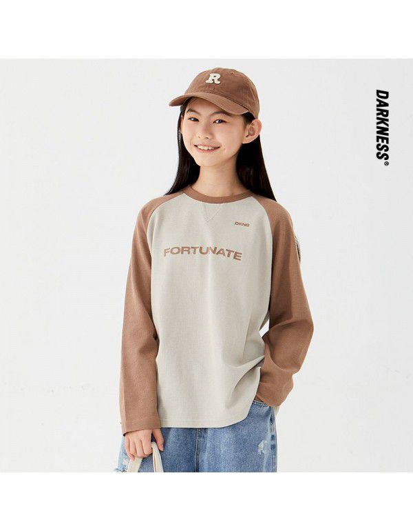 Spring Waffle Girls and Boys' Day Series Spliced Long Sleeve T-Shirt Children's Casual Round Neck Top