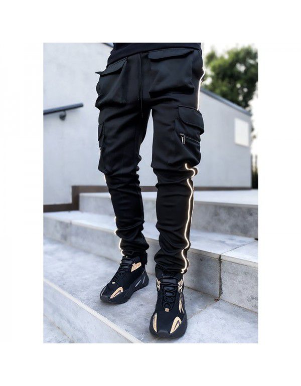 Spring and Autumn Work Wear Pants Men's Fashion Brand Elastic Multi Pocket Reflective Straight Sleeve Sports Fitness Casual Pants