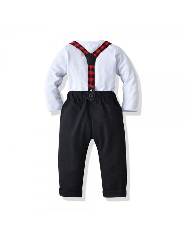 Baby Boys Fall Long Sleeve T-shirt Strap Pants Boys Set Gentleman Bowtie Cotton Creeper